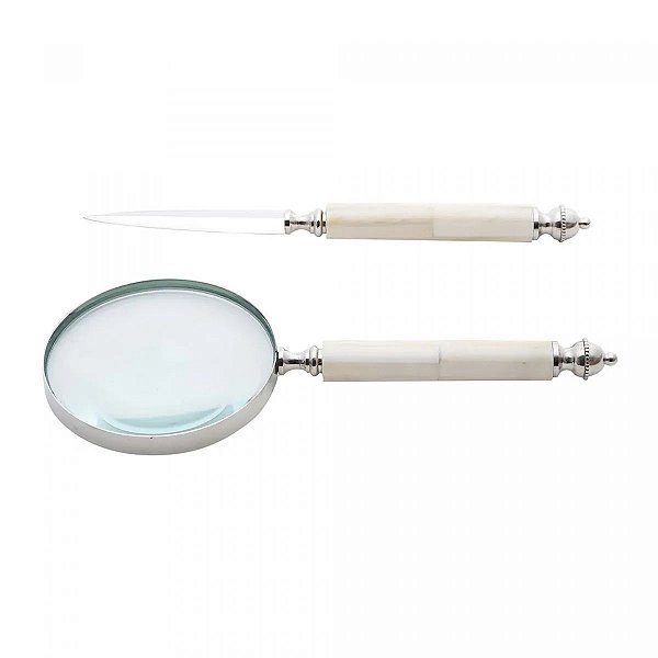 Conjunto Abridor de Carta e Lupa de Aço Inox com Cabo de Osso Sophie - Wolff