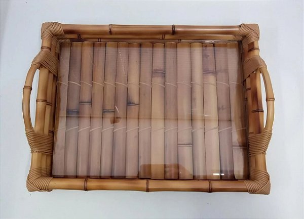 Bandeja Bambu com Vidro com Alça - 44cm x 34cm x 7cm