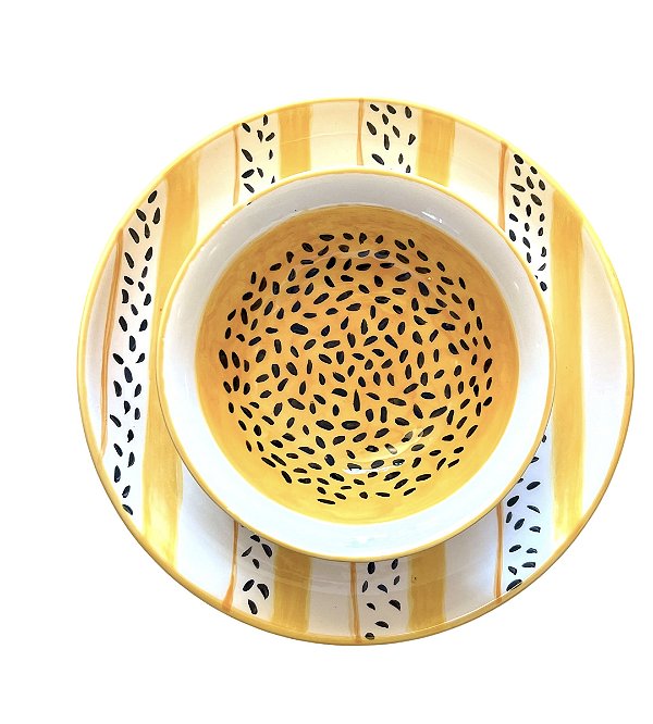 Conjunto Prato de Sobremesa Frutas Modernas + Bowl Maracujá Artesanal