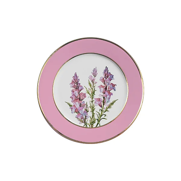 Conjunto Prato Sobremesa Rosa com Filete Ouro Boca de Leão - 6 Unidades
