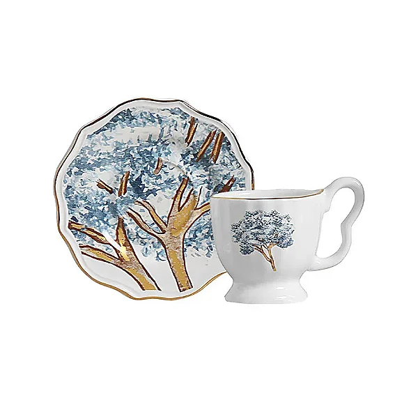 Conjunto Xícara de Café com Pires com Filete Ouro Ypê Azul