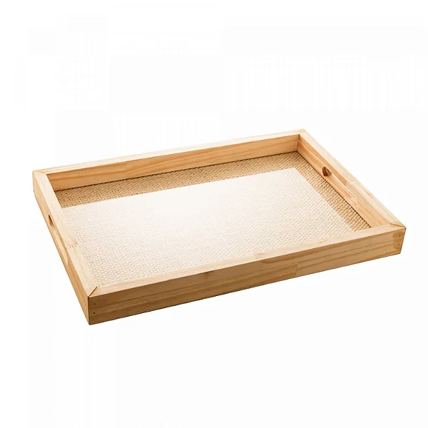 Bandeja de Madeira Pinus com Sisal Natural e Fundo de Vidro 45cm x 30cm x 4,5cm - Wolff