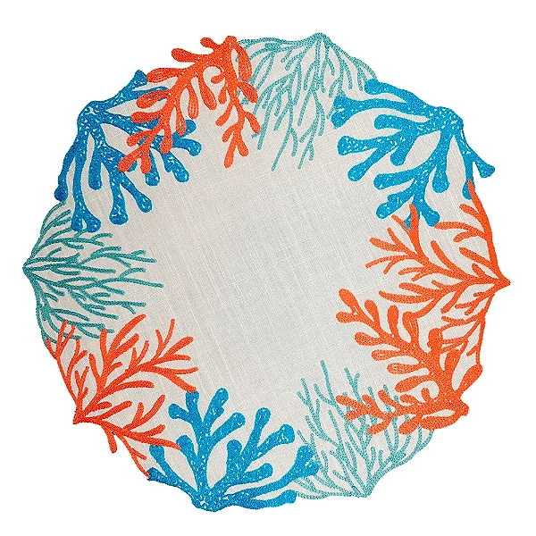 Jogo Americano Redondo Coralli Branco com Bordado Coral e Azul - 40cm Auguri Casa