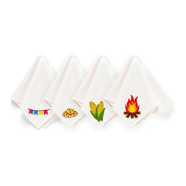 Kit com 4 Guardanapos Home Sao Joao Estampados - 45cm x 45cm - Milho, Fogueira, Bandeirola, Chapeu