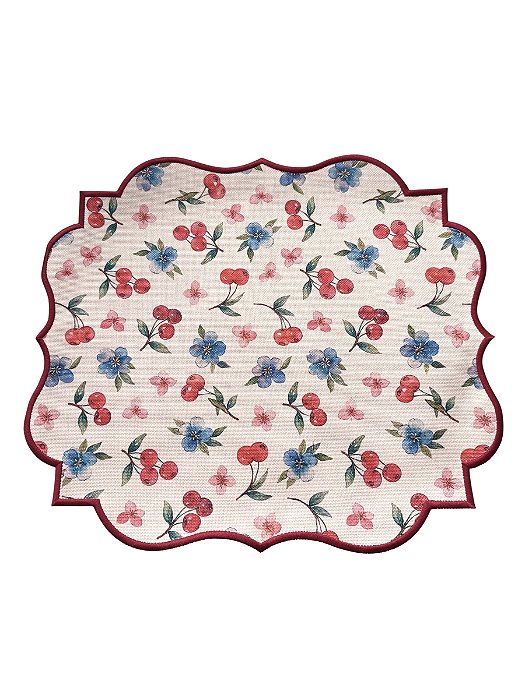Conjunto 2 Jogos Americanos Retangular Impermeável Dupla Face Cerejas - 48cm x 42cm