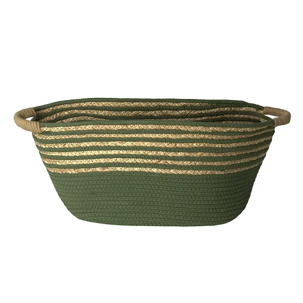 Cesto de Fibra Natural e Algodão com Alça Verde Esmeralda - 50cm x 33cm x 24cm