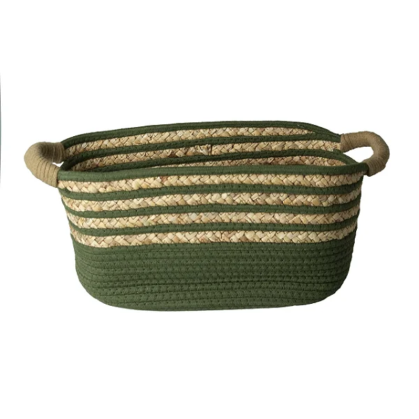 Cesto de Fibra Natural e Algodão com Alça Verde Esmeralda - 43cm x 25cm x 18cm