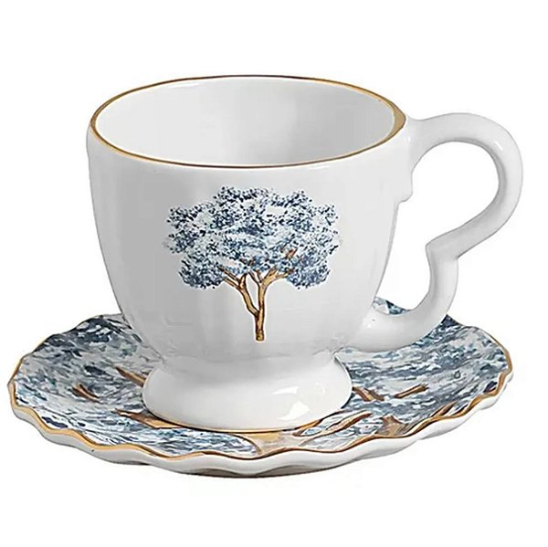 Conjunto com 6 Xicaras de Chá com Pires Ypê Azul com Filete Ouro