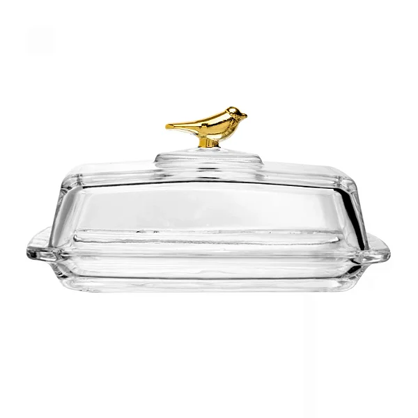 Manteigueira Retangular com Tampa Golden Bird Cristal Ecológico - 18cm x 10cm x 9cm