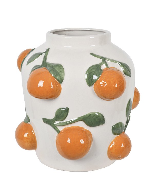Vaso Decorativo em Cerâmica Branca com Laranjas em Alto Relevo - 22cmX20cm