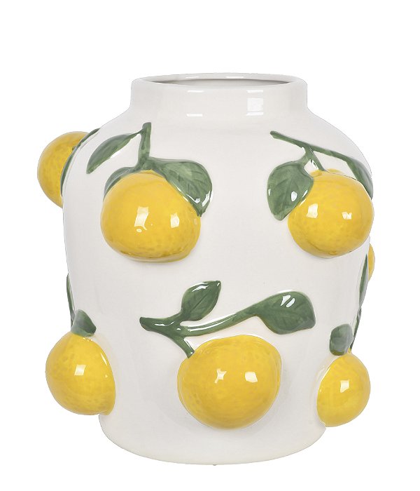 Vaso Decorativo em Cerâmica Branca com Limões em Alto Relevo - 22cmX20cm