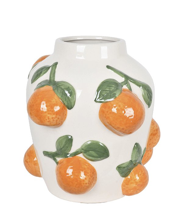 Vaso Decorativo em Cerâmica Branca com Laranjas em Alto Relevo - 19cmX17cm