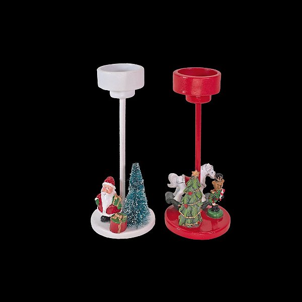 Porta Velas Resina Figuras Sortidas Papai Noel - 7cm x 7cm x 16cm