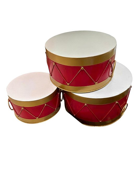 Conjunto com 3 Tambores de Metal Decorativo Natal - P24cm / M28cm / G33cm