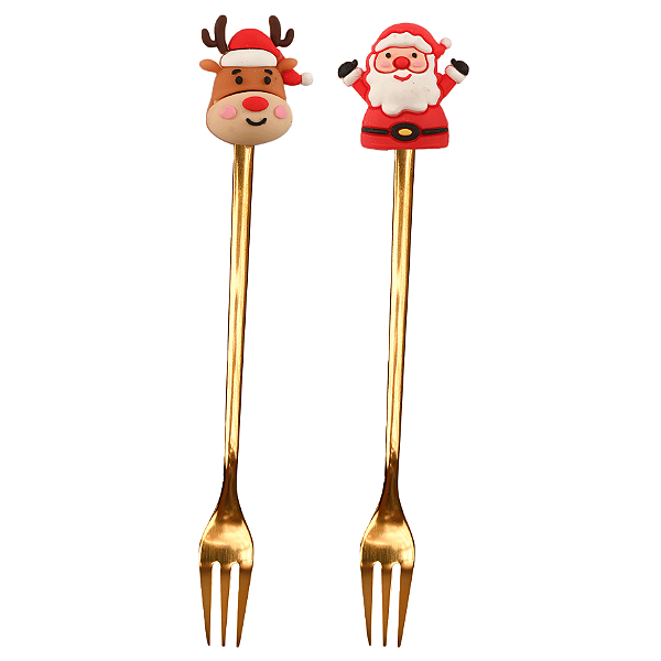 Conjunto com 2 Garfos Papai Noel e Rena Dourado Natal - 16cm