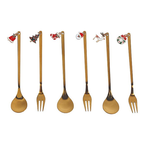 Conjunto de Talher para Sobremesa com 6 Unidades Dourado Natal - 15cm