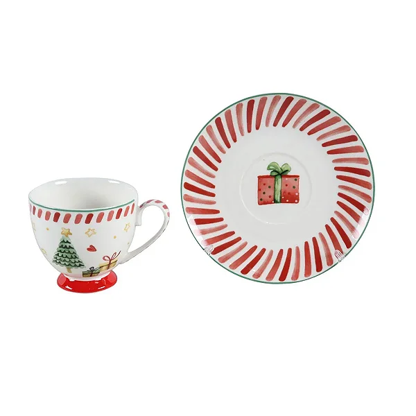 Conjunto de Xícaras e Pires Natalinos em Cerâmica Branca e Vermelha Natal - 8 Peças