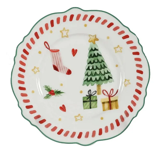Conjunto com 4 Pratos em Cerâmica Branca com Detalhes Natalinos - Natal 21cm