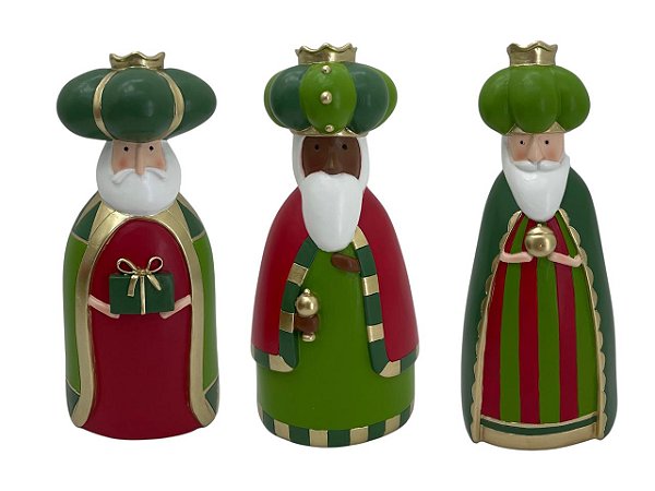 Conjunto com 3 Reis Magos decorativos em Resina Verde e Vermelho Natal - 21cm