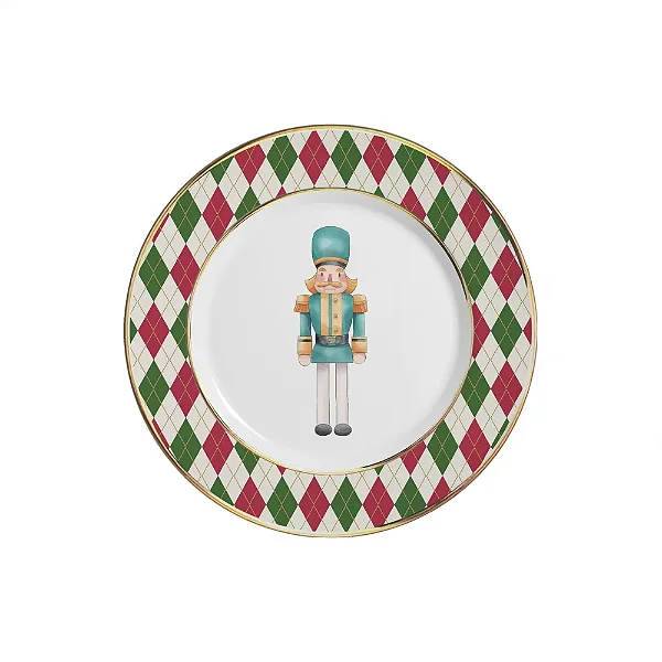 Conjunto com 6 Pratos de Sobremesa Soldadinhos Azul Filete Ouro Natal - 21cm