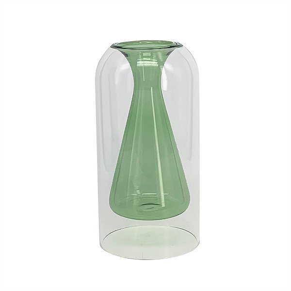 Vaso de Vidro Duplo Transparente e Verde - 17cm