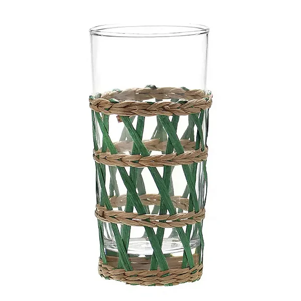 Conjunto com 6 Copos em Vidro e Rattan Bege e Verde 15cm - 400ml