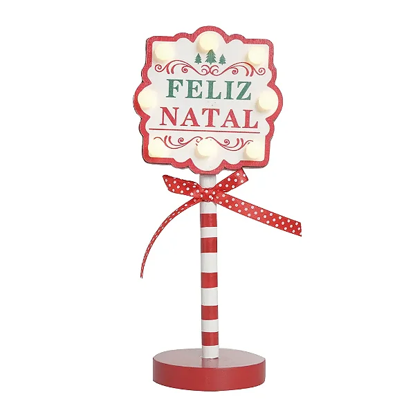 Placa Decorativa Madeira com Led Feliz Natal Vermelho / Branco - 25cm