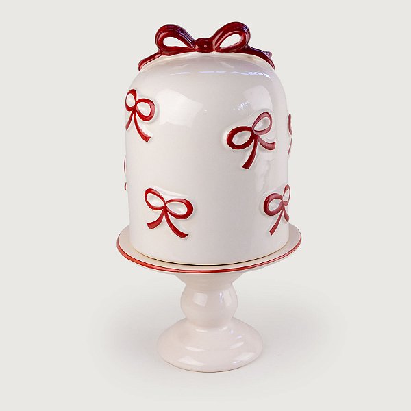 Porta Panetone de Cerâmica G com Relevos Laços Charlotte Cereja Natal - 33cm x 18cm - Cerâmica Luiz Salvador