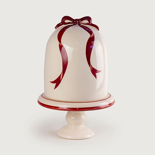 Porta Panetone de Cerâmica GG com Laço Charlotte Cereja Natal - 36cm x 22cm - Cerâmica Luiz Salvador