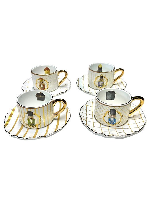 Conjunto com 4 Xícaras de Chá Nut Cracker com Ouro Natal