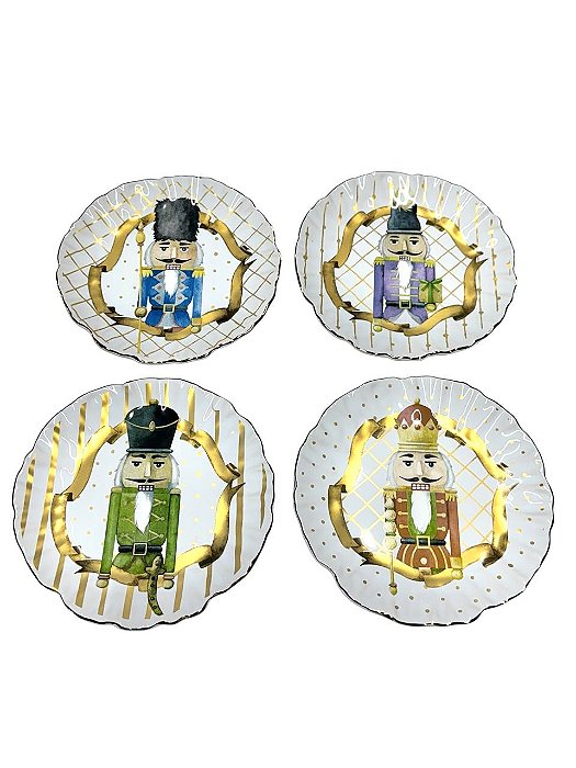 Conjunto com 4 Pratos de Sobremesa Nut Cracker Com Ouro Natal - 21cm