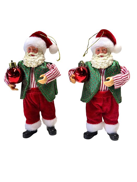 Conjunto com 2 Papais Noéis Decorativos Vermelho e Verde Natal - 19cm x 6cm
