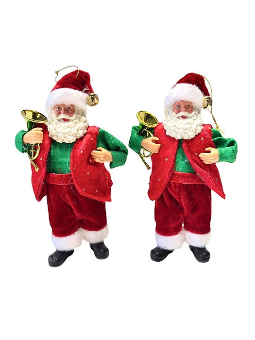 Conjunto com 2 Papais Noéis Decorativos Trombone Vermelho e Verde Natal - 19cm x 6cm