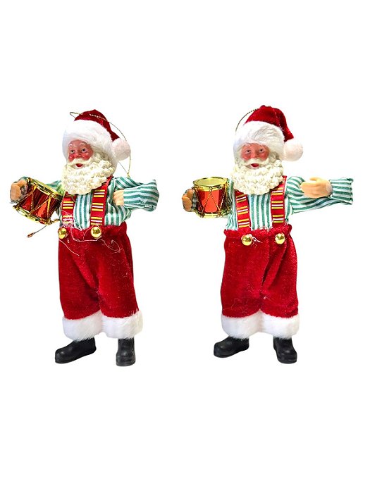 Conjunto com 2 Papais Noéis Decorativos Tambor Vermelho e Verde Natal - 19cm x 6cm