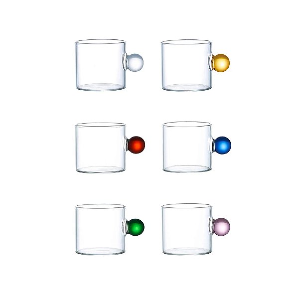 Conjunto de Xícaras em Vidro Transparente com Detalhe Colorido 6 Unidades - 100ml
