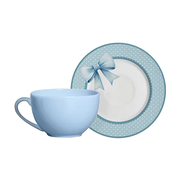 Conjunto com 6 Xícaras de Chá com Pires Laços de Páscoa Azul Celeste - 200ml