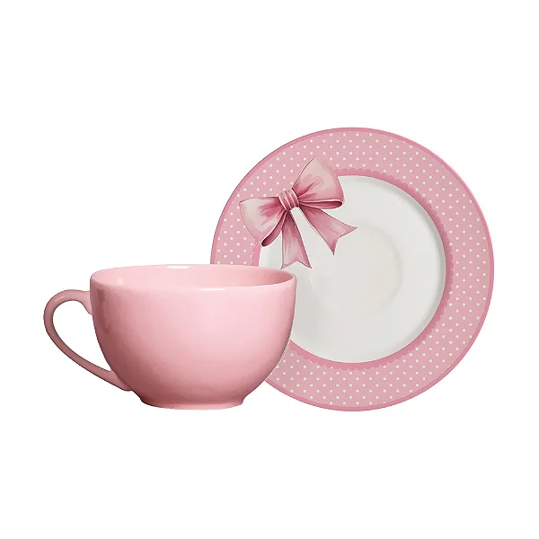 Conjunto com 6 Xícaras de Chá com Pires Laços de Páscoa Rosa Suave - 200ml
