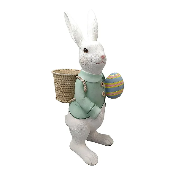 Coelho Decorativo em Resina com Cesto Branco e Azul Páscoa - 42cm