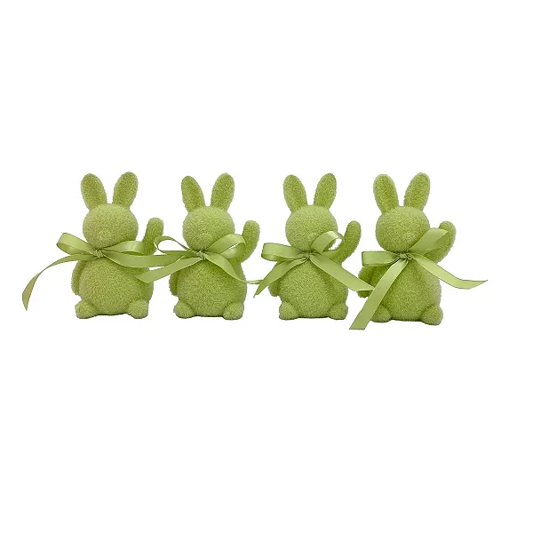 Conjunto com 4 Coelhinhos Decorativos em Resina Flock Verde Páscoa
