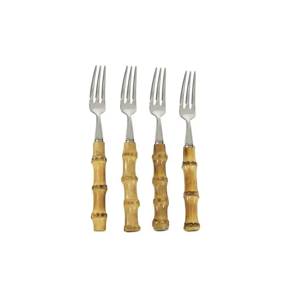 Conjunto com 4 Garfos de Aperitivo de Inox com Bambu