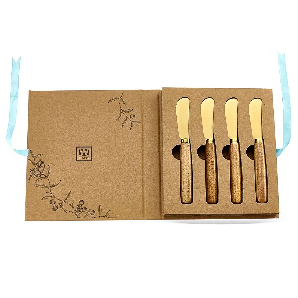 Kit com 4 Espátulas em Inox com Cabo em Madeira Dourado