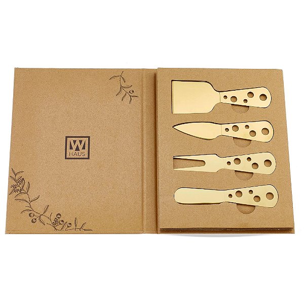 Kit com 4 Espátulas para Queijo em Inox com Cabo em Madeira Dourado