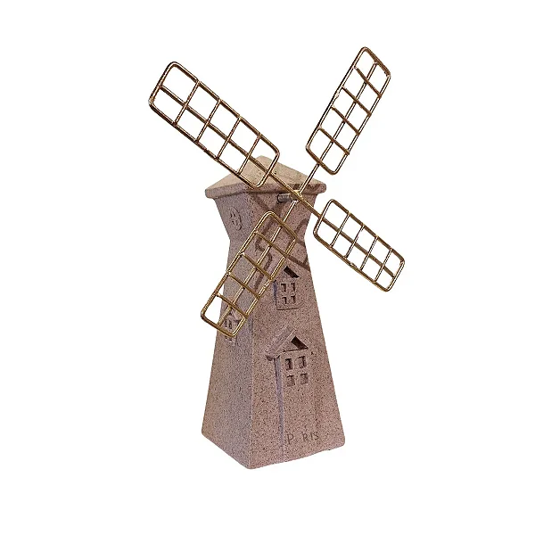 Moinho de Vento Decorativo em Resina Bege com Detalhes Dourados - 24cm
