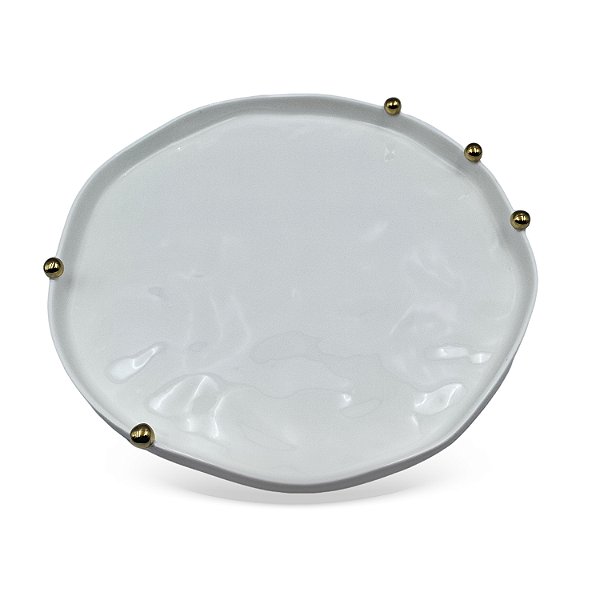 Travessa em Porcelana Branca com Esferas Douradas - 33cm