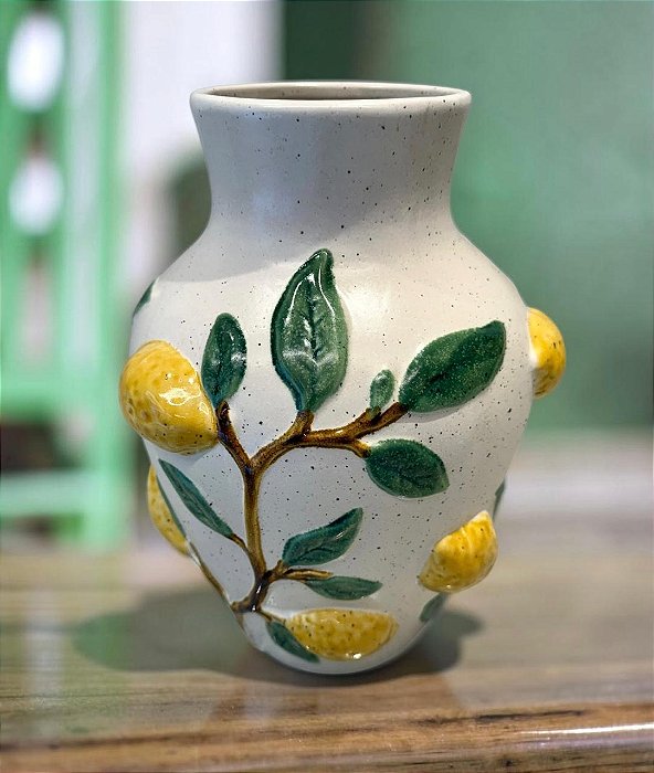 Vaso Limão em Cerâmica - Amarelo e Branco 33cm