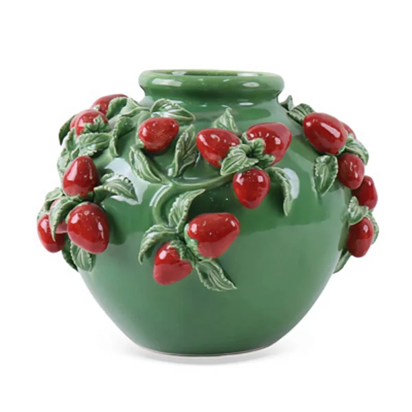 Vaso Decorativo em Cerâmica Verde com Morangos em Relevo - 26,5cm x 36,5cm