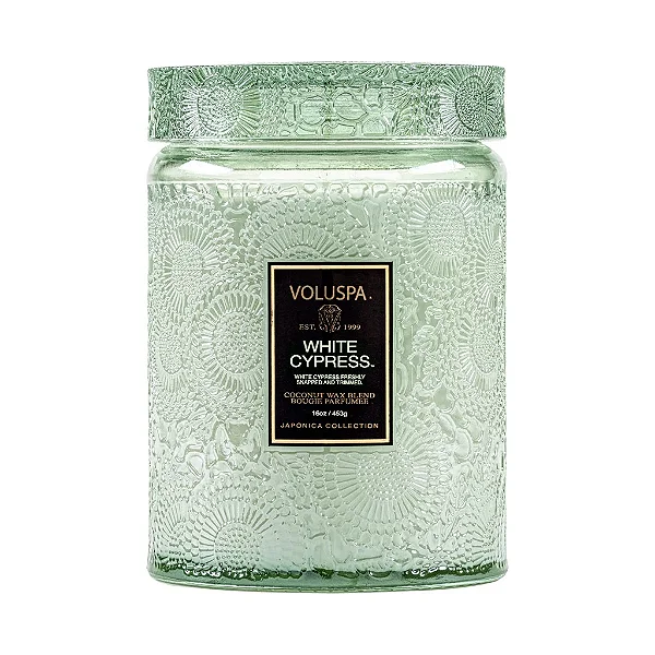Vela Pote de Vidro G Tampa de Vidro Relevo White Cypress 100h - Voluspa
