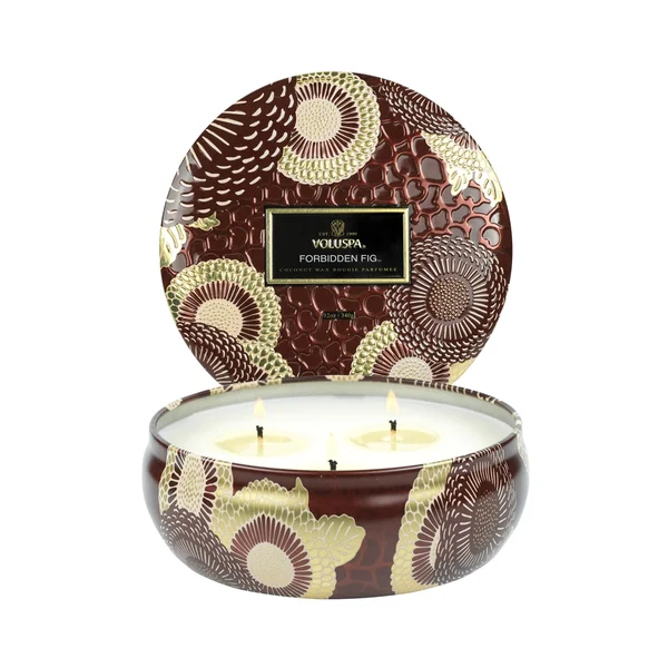 Vela Lata 3 Pavios Relevo Forbidden Fig 60h - Voluspa