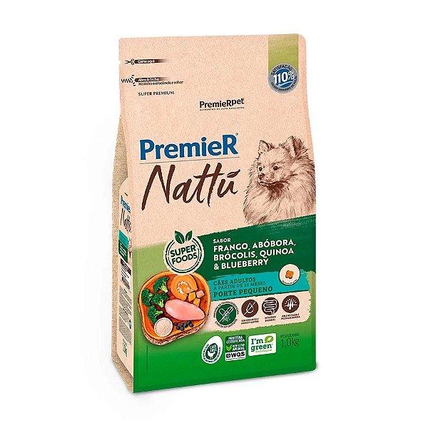 Ração Premier Nattu para Cães Adultos de Raças Pequenas Sabor Frango Abóbora Brócolis Quinoa e Blueberry