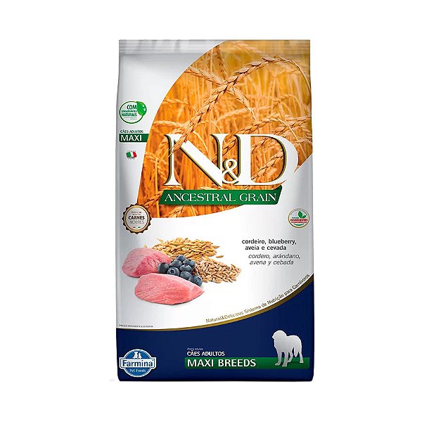 Ração Farmina N&D Ancestral Grain para Cães Adultos de Raças Grandes Sabor Cordeiro e Blueberry - 10,1kg